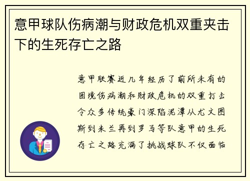 意甲球队伤病潮与财政危机双重夹击下的生死存亡之路